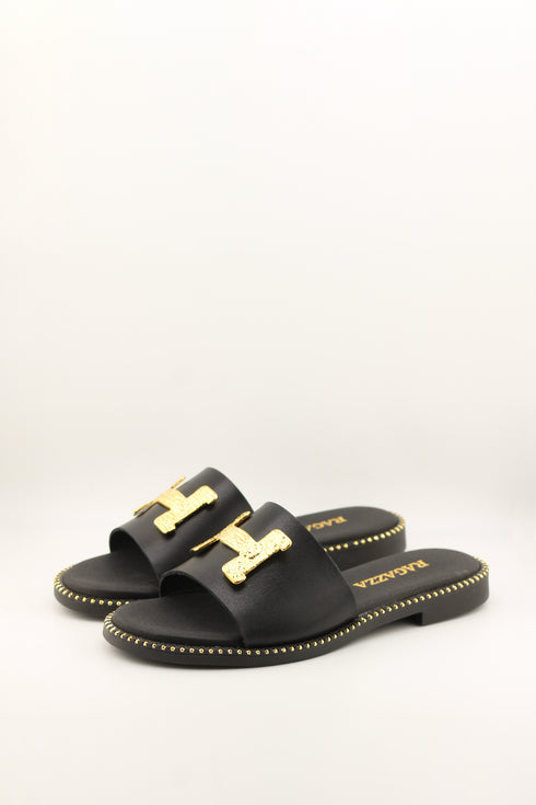 Ragazza Gold-Embellished Leather Slide Sandals